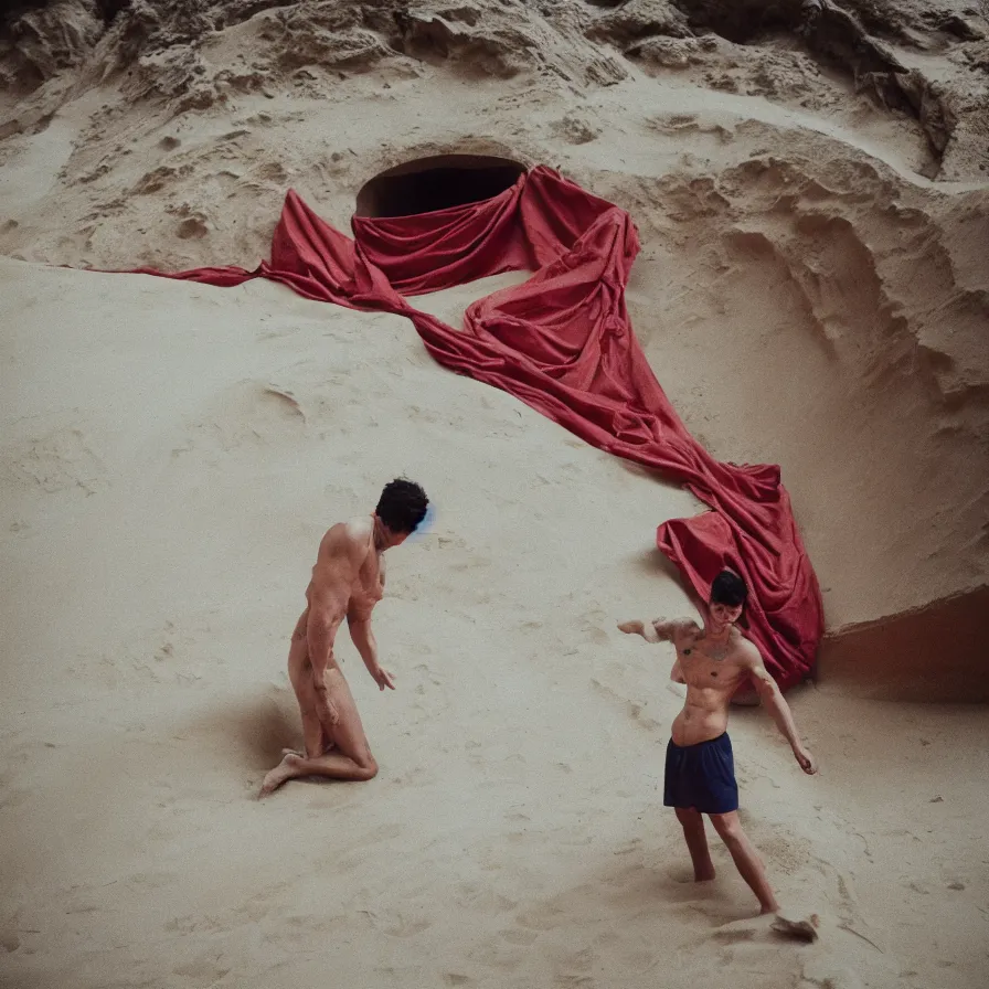 Prompt: shirtless men with red peak hood in a spiral sand tunnel, cinestill 8 0 0 t 3 5 mm, heavy grain, high quality, high detail