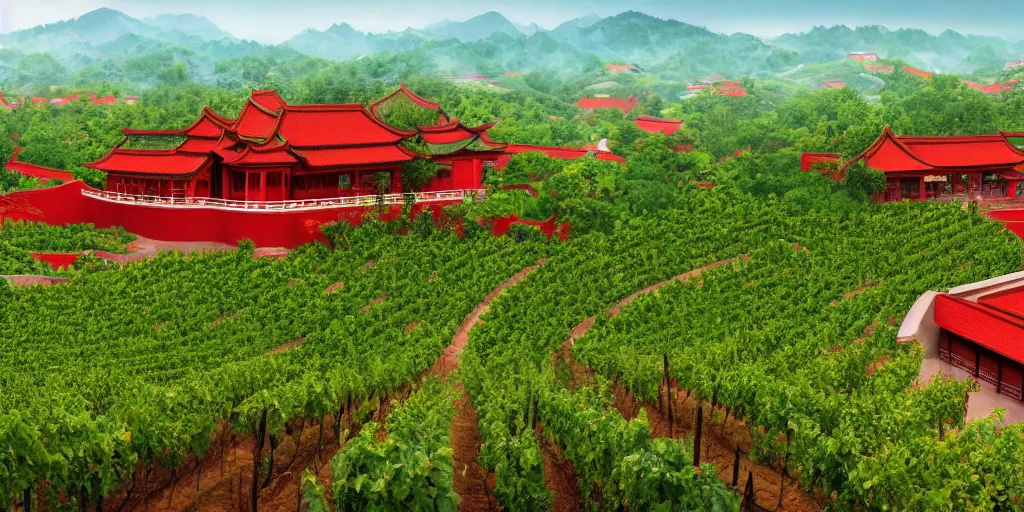 Image similar to A Chinese style winery with red walls and a green roof. The vineyards are sprawling and green, with a river winding through them. In the distance, there are mountains. immaculate scale, hyper-realistic, Unreal Engine, Octane Render, digital art, trending on Artstation, 8k, detailed, atmospheric, immaculate