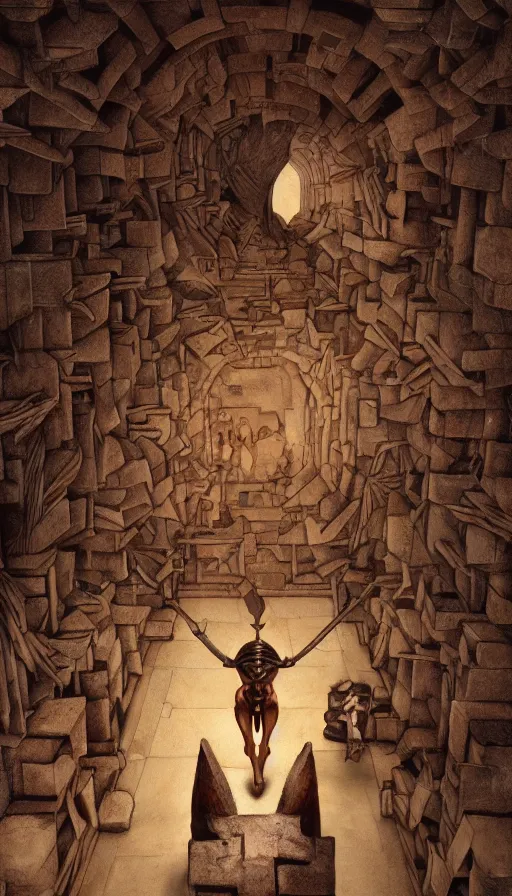 Image similar to Minotaur in a Maze, by Caravaggio, studio ghibli, cinematic lighting, intricate, highly detailed, digital painting, trending on artstation, Illustration, epic scale