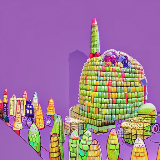 Image similar to The kinetic sculpture depicts a city made entirely out of kulich, a traditional Russian Easter bread. The city is bustling with activity, as people go about their day-to-day lives. The illustration is playful and whimsical, with a touch of magic. studio lighting, neon purple by Cindy Sherman chaotic