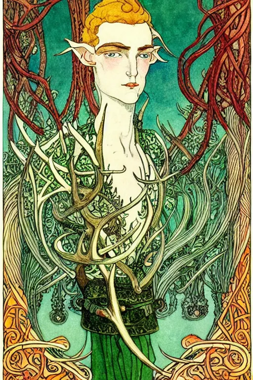 Prompt: a detailed portrait of an attractive elf man with red hair and green eyes in the center of an ornate antler frame, art by kay nielsen and walter crane, illustration style, watercolor