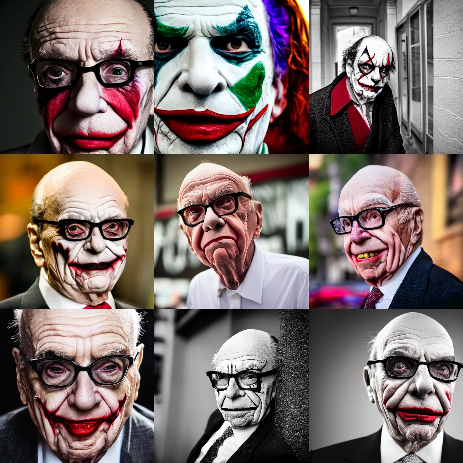Prompt: Rupert Murdoch as the joker, Rupert Murdoch, joker makeup, portrait photography, depth of field, bokeh