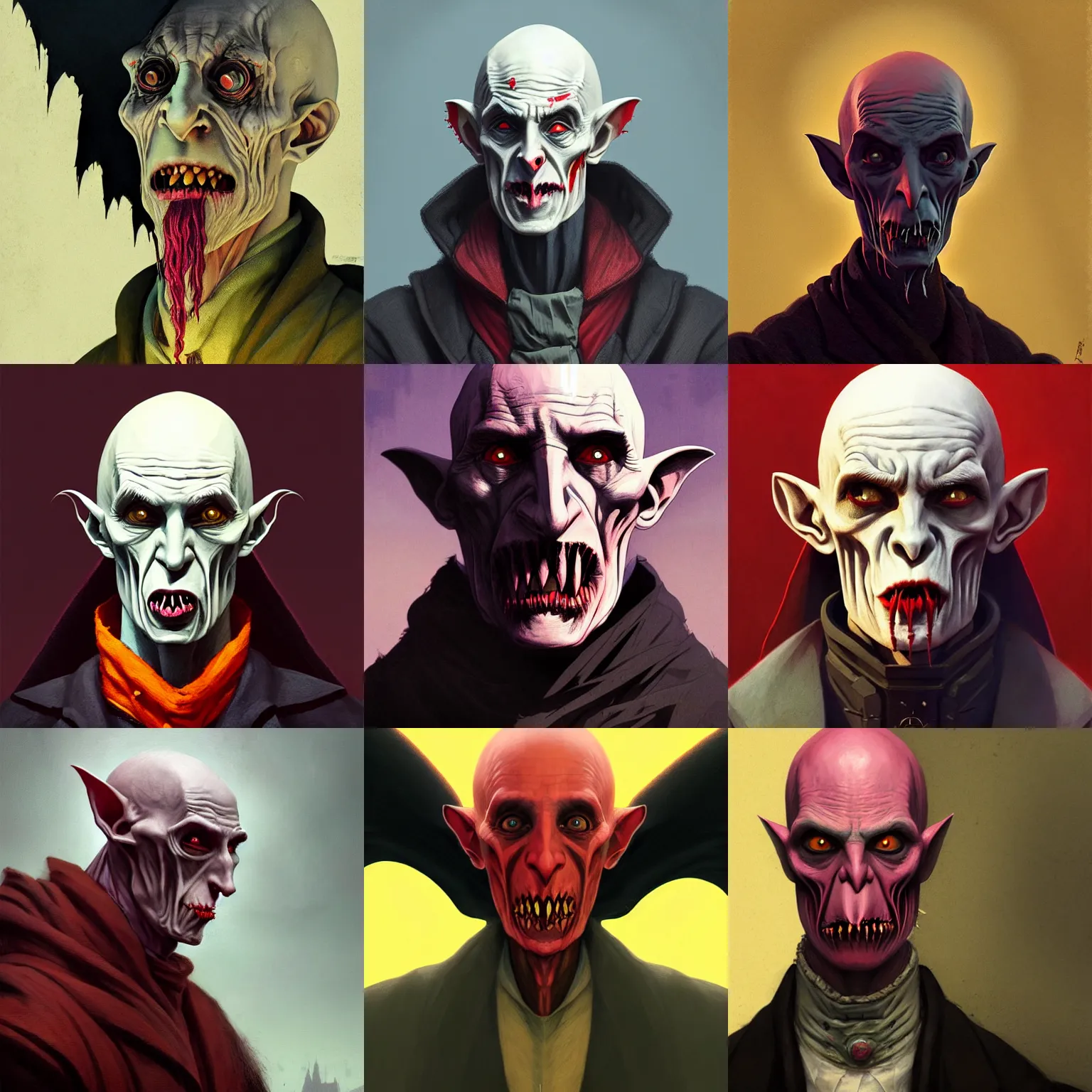 Prompt: a post - minimalism portrait of sickly looking nosferatu in uniform vibrant color scheme, post - apocalyptic highly detailed, in the style of romanticism, cinematic, artstation, moebius, greg rutkowski