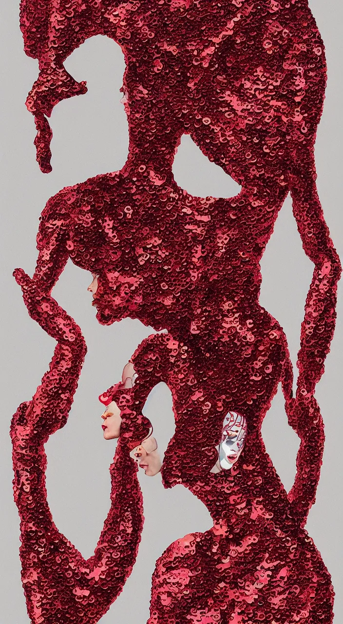 Image similar to a fashion character design wearing a red sequined bodysuit, acid hallucinations floating around their head, by moebius, alexander mcqueen headdress with beads, by kawase hasu