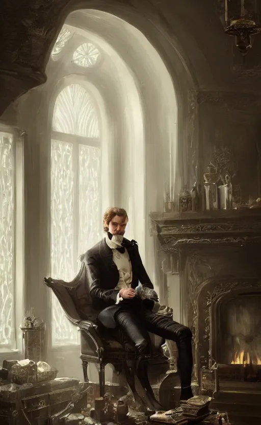 Image similar to portrait of a victorian aristocrat sitting by a fireplace, victorian male, detailed face, fantasy, highly detailed, cinematic lighting, digital art painting by greg rutkowski