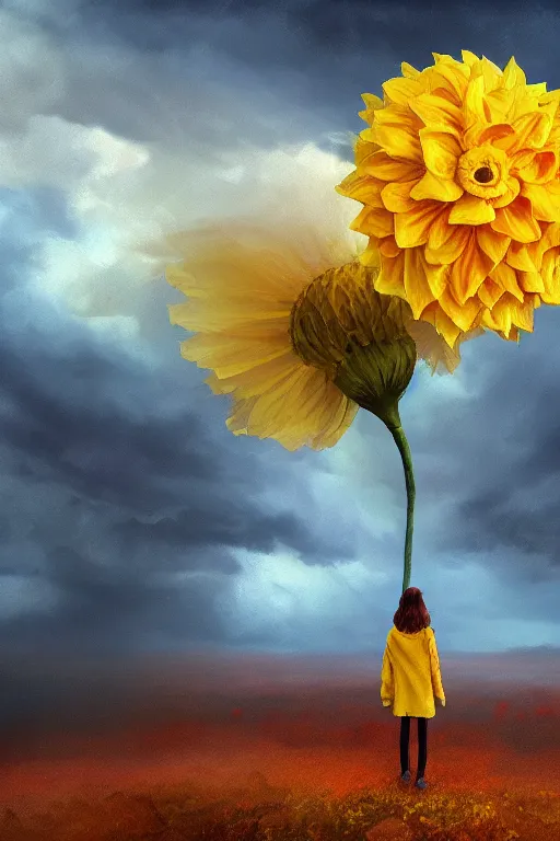 Image similar to closeup girl with giant yellow dahlia flower face, standing on mountain, surreal photography, blue storm clouds, dramatic light, impressionist painting, digital painting, artstation, simon stalenhag