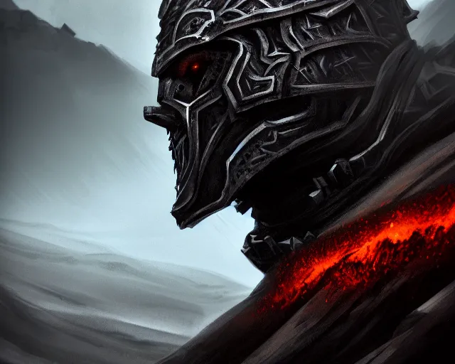 Prompt: realistic side view photo of a king, in the mountains, angry, beautiful face, handsome, black iron armour, sword, lava, dust and blood, dark environment, action fantasy, dark, wide angle, dramatic lighting, intricate, wild, highly detailed, digital painting, artstation, concept art, illustration