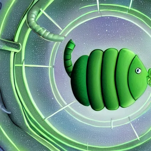 Image similar to a cute green caterpillar spinning a chrysalis inside a space station, sci-fi illustration