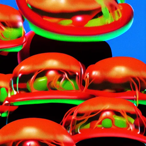 Image similar to hamburger mix jellyfish, cg, 8 k, sharp focus, style by andy warhol