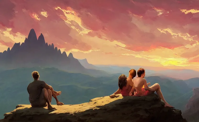 Image similar to A couple sitting on a cliff and watching the beautiful sunset, mountains, river, birds flying, beautiful view, oil on canvas by Frank Frazetta, digital art, WLOP, Mandy Jurgens