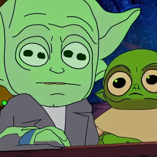 Image similar to Baby Yoda and Rick Sanchez meet in Rick and morty together digital art 4k detailed super realistic