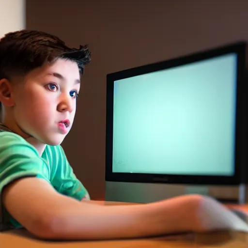 Image similar to a kid with eyes bulging staring at a bright computer screen at night playing minecraft