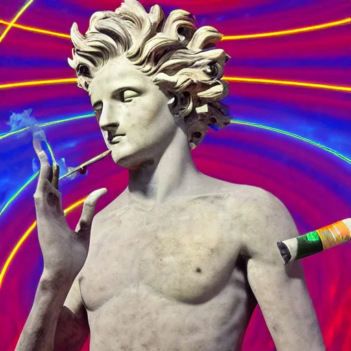 Image similar to the statue of helios in a business suit smoking a cigarette in space, vaporwave, chromatic abberation, highly detailed