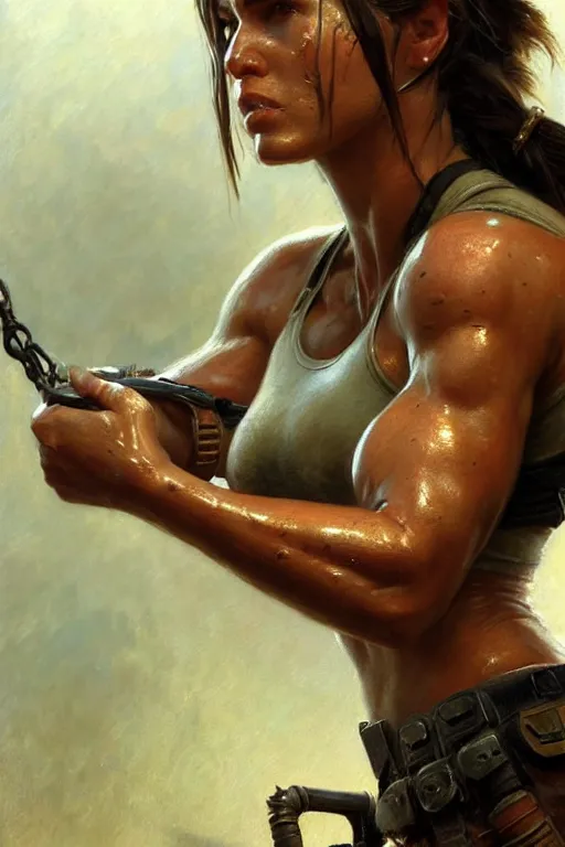 Image similar to muscular sweat lara croft, face close up, exhausted, highly detailed painting by gaston bussiere, craig mullins, j. c. leyendecker 8 k