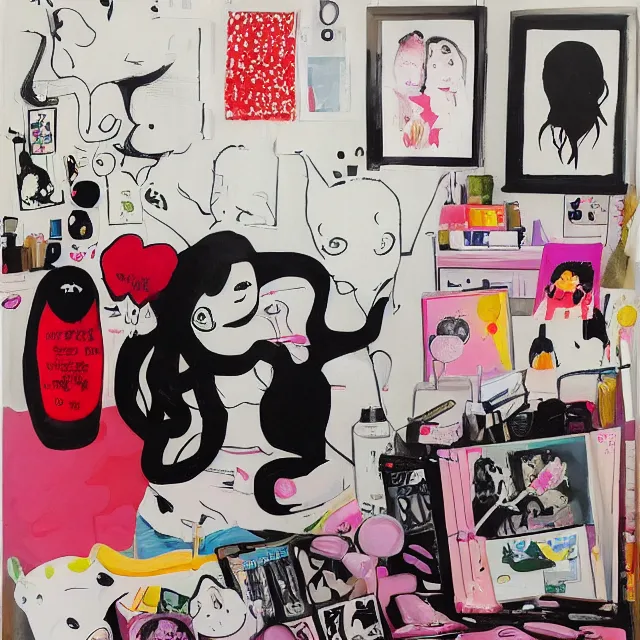 Image similar to a portrait in a female artist's zen bedroom, black walls, emo girl with plushies, sheet music, berries, surgical supplies, pancakes, black flowers, sensual, octopus, neo - expressionism, surrealism, acrylic and spray paint and oilstick on canvas