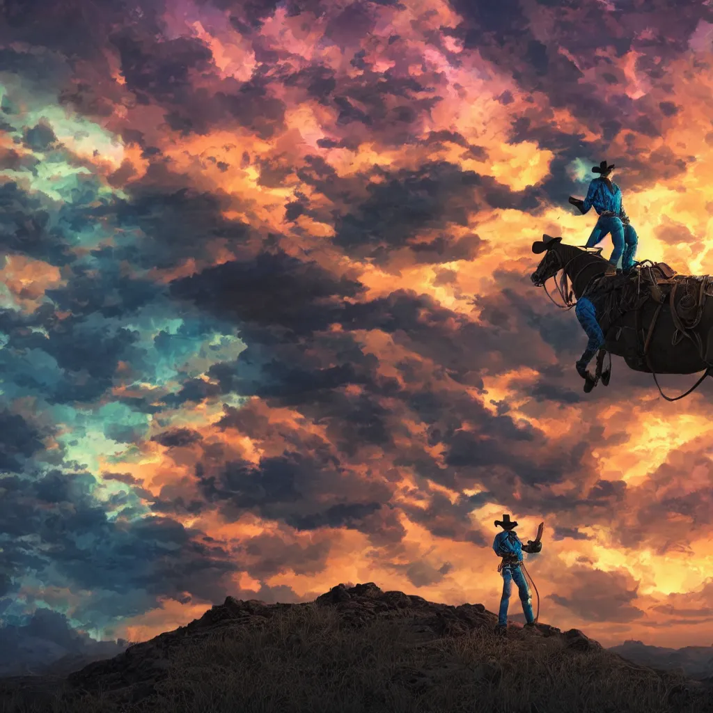 Image similar to octane render by laurie greasley and asher brown durand and jason edmiston, a cowboy wearing a full - body iridescent suit and cowboy hat inside a scenic western landscape with colorful clouds, cinema 4 d, 8 k, volumetric lighting and shadows