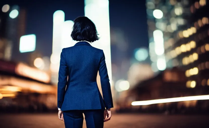 Image similar to a wide shot of a woman with a wool suit, short dark hair, blurred face, wearing an omega speedmaster on her wrist in front of a crowded dystopian city at night with cyberpunk lights