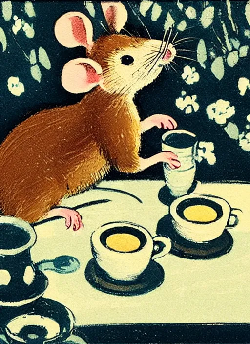 Image similar to an extreme close - up portrait of a mouse family drinking tea, samovar, by billy childish, thick visible brush strokes, shadowy landscape painting in the background by beal gifford, vintage postcard illustration, minimalist cover art by mitchell hooks