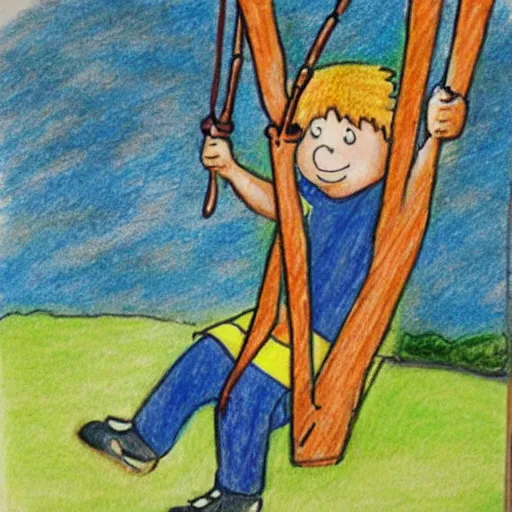 Image similar to children's illustration of a boy playing on a swing, coloured pencil