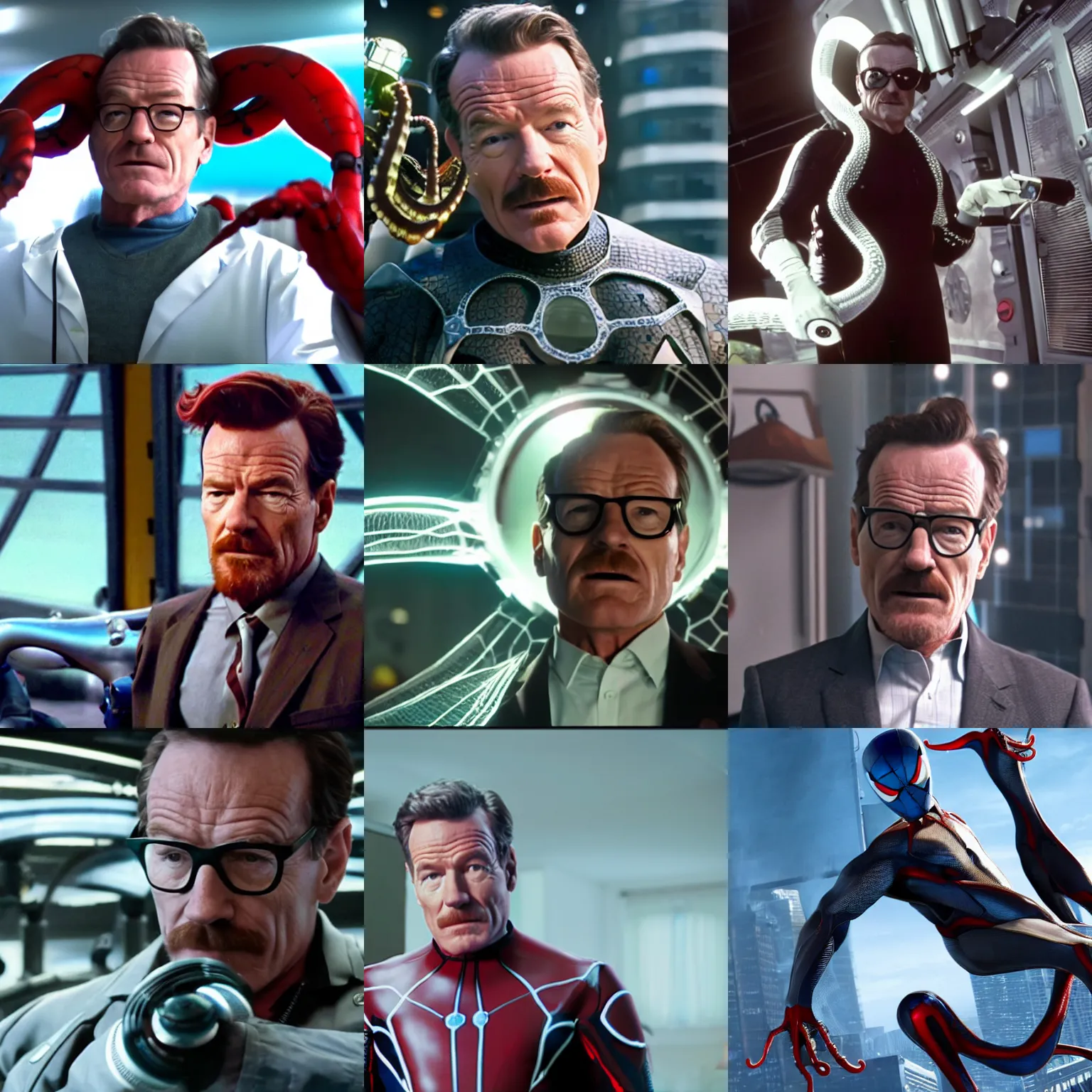 Prompt: a screenshot of bryan cranston as dr. octopus in a spider - man movie. 8 k.