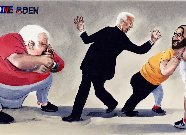 Prompt: Joe Biden kicks a fat man in the face, 8K, high quality, highly detailed