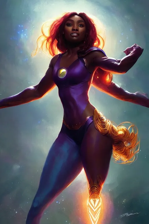 Prompt: normani as starfire profile picture by Greg Rutkowski, dynamic pose, matte painting, intricate, fantasy concept art, elegant, by Stanley Artgerm Lau, WLOP, golden ratio, thomas kindkade, alphonse mucha, loish, norman Rockwell,