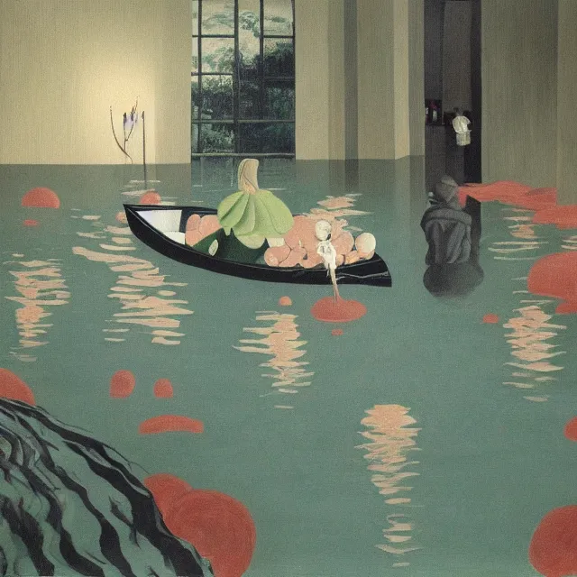 Image similar to painting of flood waters inside an apartment, tall female emo art student, a river flooding through a wall, tangelos, zen, pigs, ikebana, water, river, rapids, waterfall, black swans, canoe, pomegranate, berries dripping, acrylic on canvas, surrealist, by magritte and monet