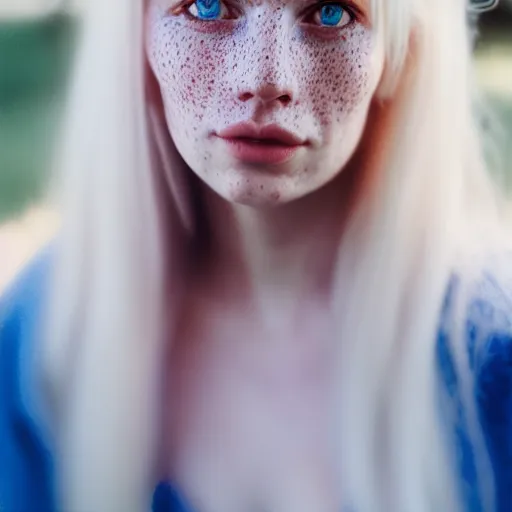 Image similar to beautiful hyperreal portrait of a cute woman, long white hair, freckles, blue eyes, very detailed face, soft smile golden hour, soft focus, 8 k, portra 4 0 0