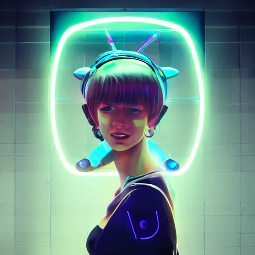 Image similar to portrait of a cute young woman with robot ears and eyes, 4k, sharp focus, neon colored fluorescent lighting, Andreas Rocha