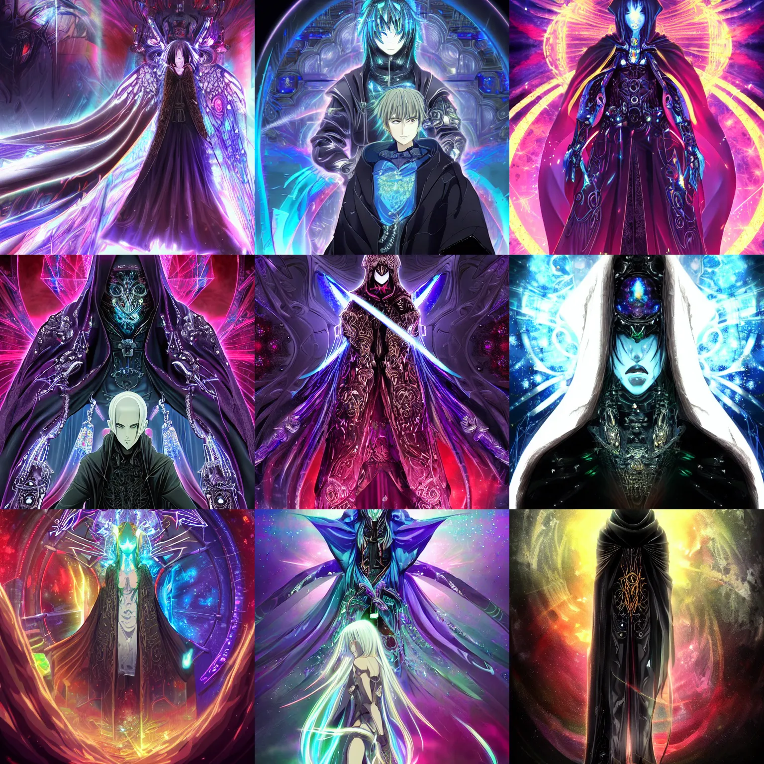 Prompt: Cloaked hooded complex cybernetic omnipotent being with a biological human face, anime CGI style, dark, intricate and baroque bejewelled technological ominous warrior, anime in the style of Makoto Shinkai, animated, animation, detailed, rainbow sheen, brandishing iridescent legendary cosmic sword, crystal encrusted, iridescent holographic epic dark megastructure background, moody