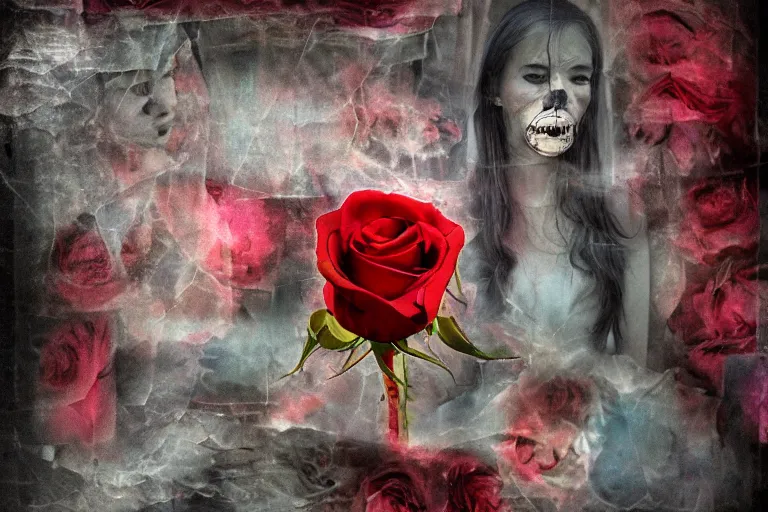 Image similar to a multi - layered digital collage, digital storybook depiction about existential despair, film noir, loneliness, and void, red rose, cryogenic tears, semi - translucent layers, blended, multi - colored, digital concept art