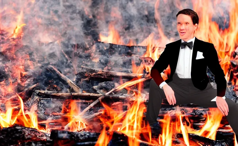 Image similar to a man wearing a tuxedo sitting in the middle of a bonfire