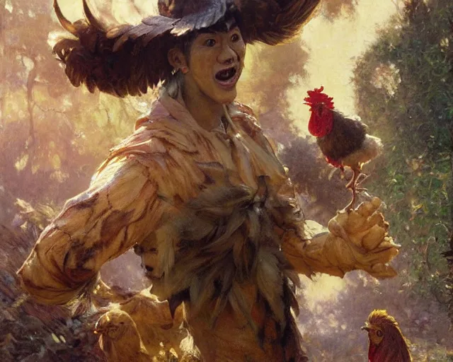 Prompt: a man dressed as a chicken scaring asian childrens, highly detailed painting by gaston bussiere, craig mullins, j. c. leyendecker 8 k