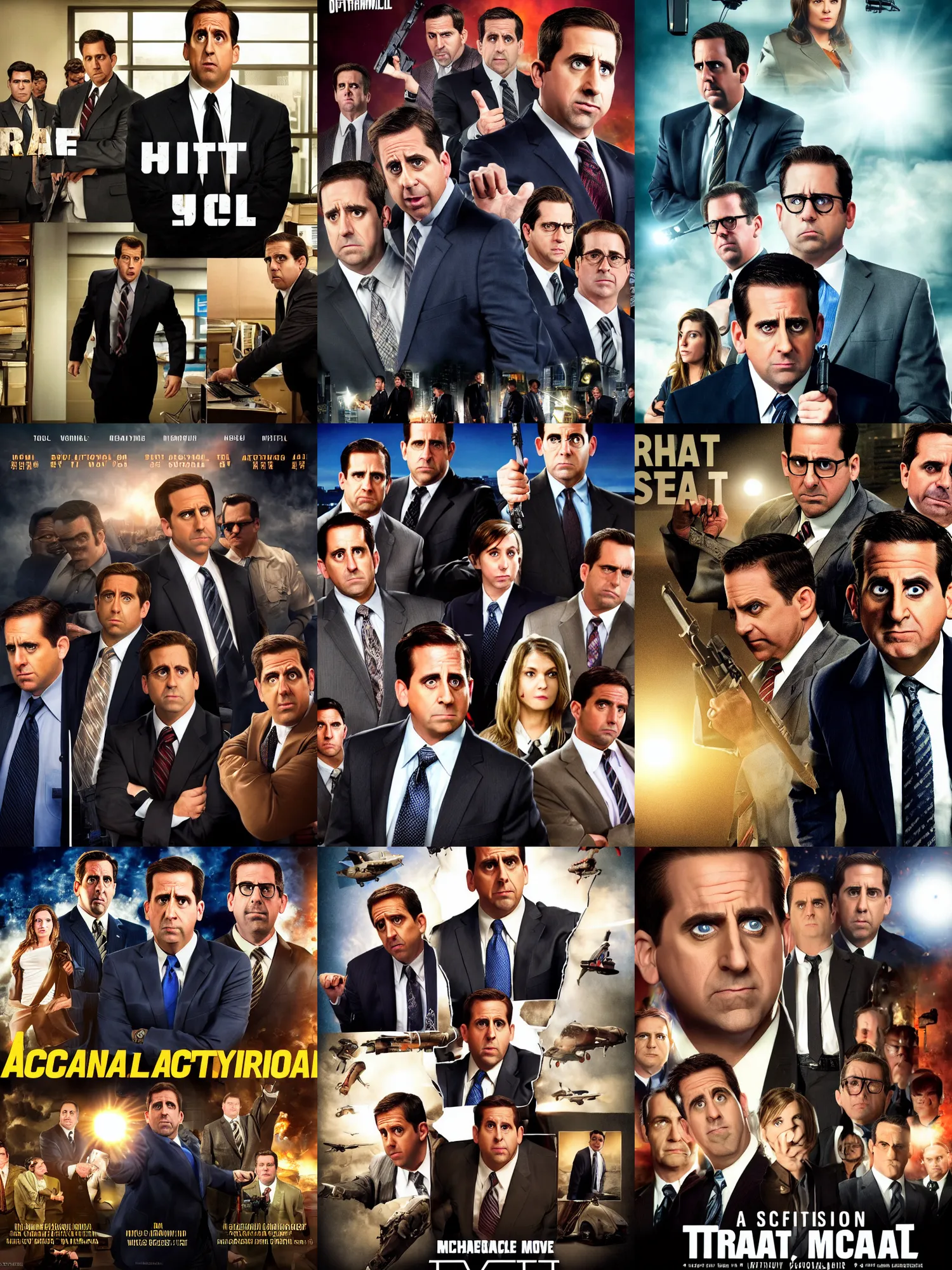 Prompt: a photorealistic action movie poster with the casting of the office and with michael scott as the principal actor named threat level midnight, dynamic lighting, cinematic lighting, dramatic lighting, movie poster, high resolution, 4 k, by steve carel and tom jung