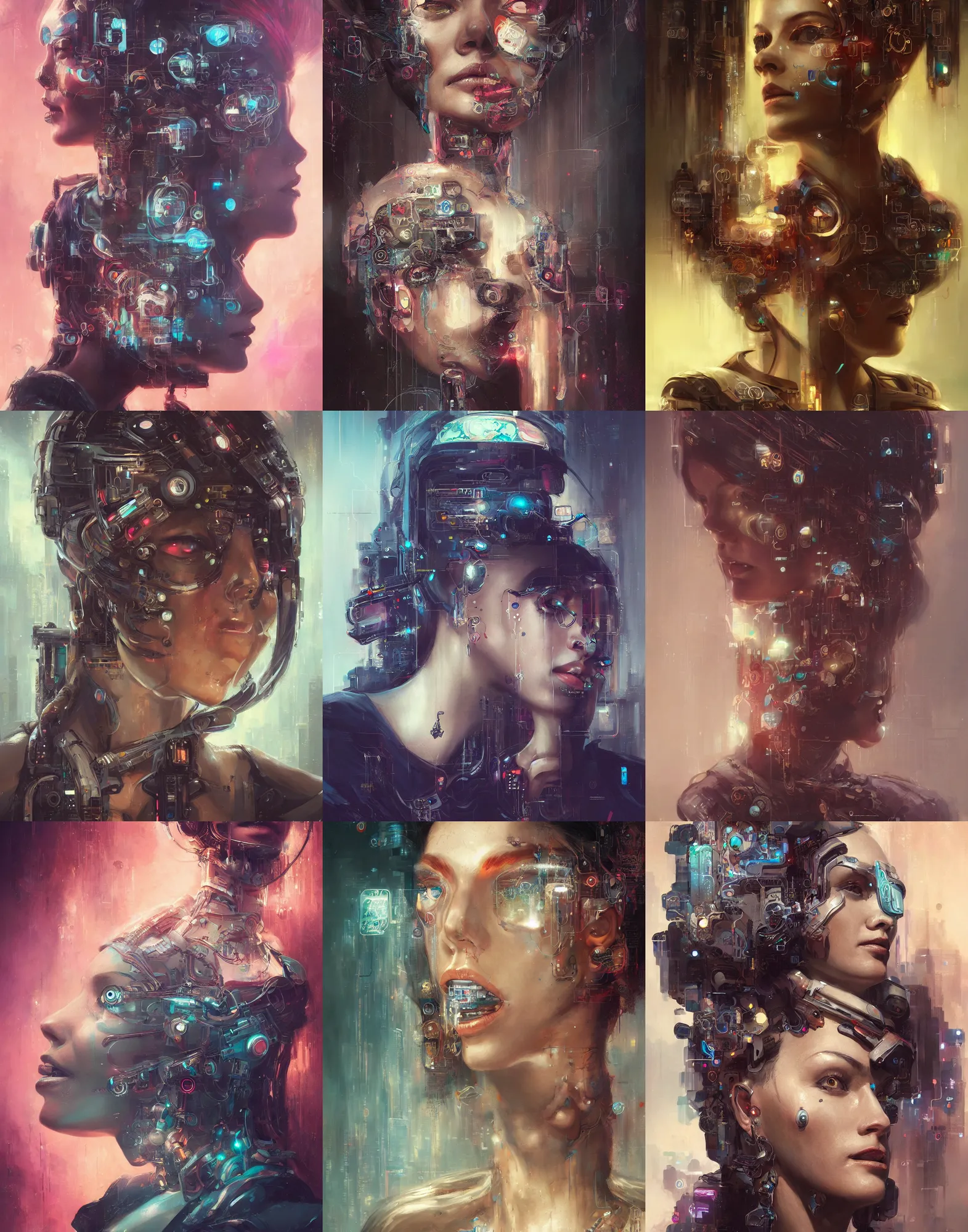 Prompt: a woman's head with multiple symbols on it, cyberpunk art by sam spratt and peter mohrbacher, featured on cgsociety, fantasy art, dystopian art, circuitry, artstation hd