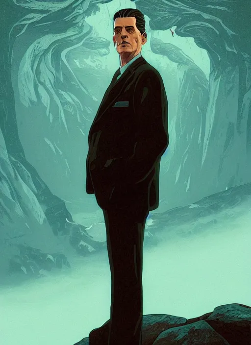 Prompt: Twin Peaks poster artwork by Michael Whelan and Tomer Hanuka, Rendering of the Dale Cooper floating in the cosmos, full of details, by Makoto Shinkai and thomas kinkade, Matte painting, trending on artstation and unreal engine