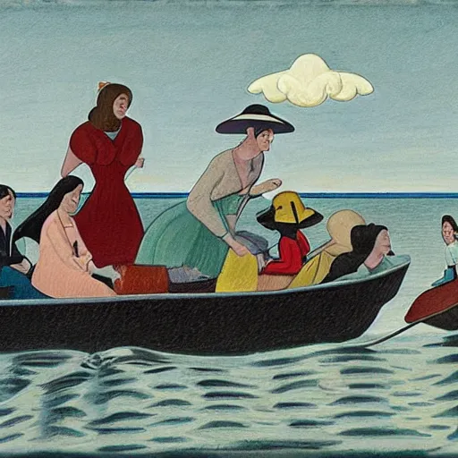 Image similar to by lawren harris monumental, washed - out. the sculpture of a group of well - dressed women & children enjoying a leisurely boat ride on a calm day. the women are chatting & laughing while the children play with a toy boat in the foreground.