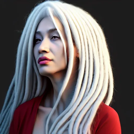 Prompt: a woman with long white hair standing in front of a black background, an ambient occlusion render by hsiao - ron cheng, dreadlocks featured on pixiv, generative art, ambient occlusion, zbrush, seductive hippie colorful bandana