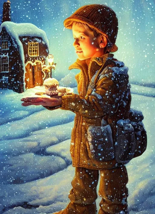 Image similar to close-up portrait of little boy wearing a little backpack finding a gingerbread house in the snow, winter scene fantasy, fireflies, torch light, scary creatures in background, intricate, elegant, highly detailed, centered, smooth, sharp focus, Donato Giancola, Joseph Christian Leyendecker, WLOP, Boris Vallejo, Artgerm