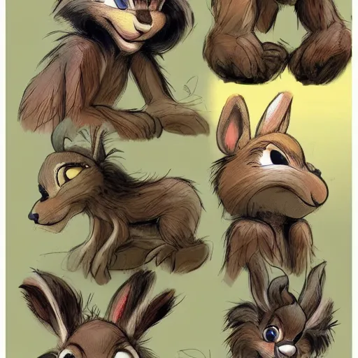 Prompt: very cute kid\'s film character rabbit in the style of Bambi, \'the secret of nimh\' , disney character concept artwork, concept art, detailed animation sheet, animal wearing a hat, high detail iconic character for 1997 film, official character sheet by don bluth