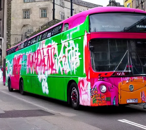 Prompt: graffiti tag on a double decker bus that says ireland