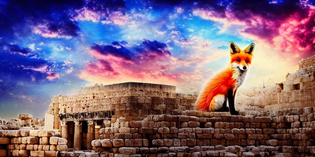 Image similar to a beautiful small fox in the huge ruins of the second temple in jerusalem, dreamy sky, the third temple hovers quietly hiding in the sky above, very colorful painting 8 k trending on art station, intricate superb details, digital art, cinematic lighting, volumetric lighting, photographic, blur bokeh defocus dof sky by afremov, award winning masterpiece.