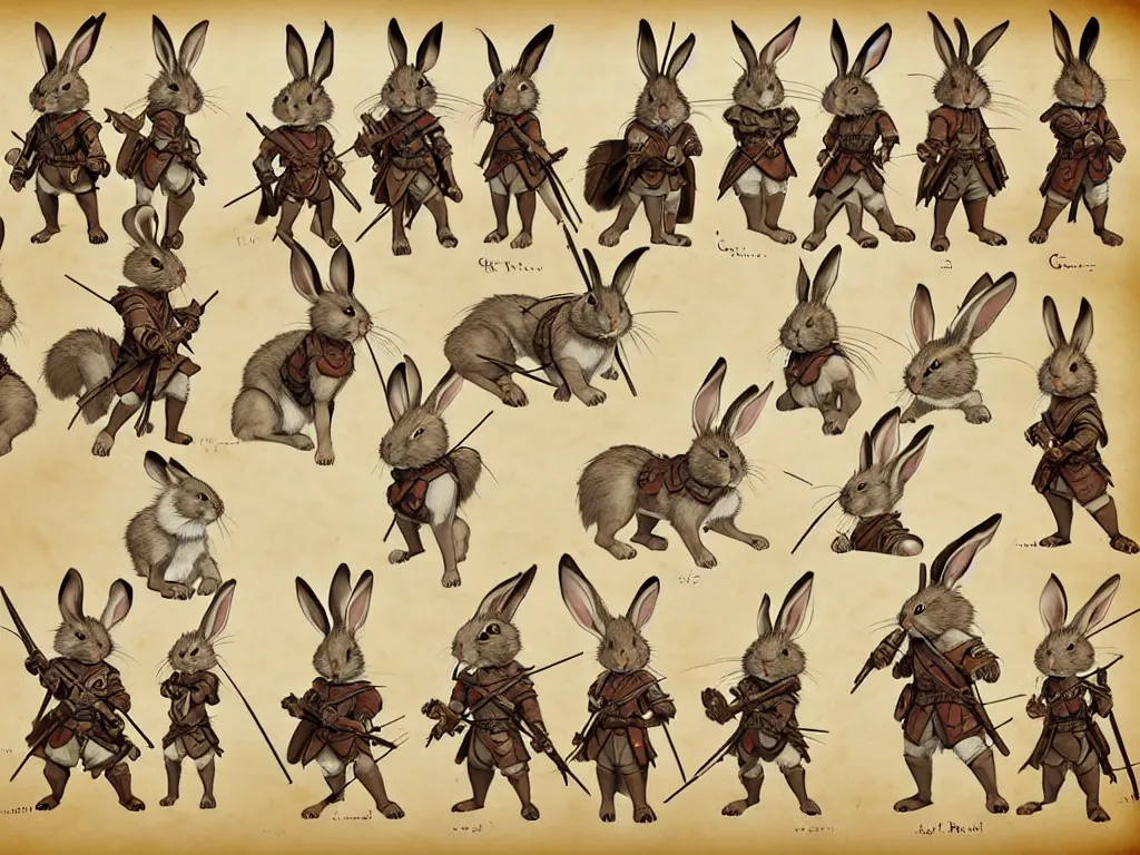 Image similar to character design sheet for a group of heroic rabbit archers on a parchment background, redwall, greg rutowski and jean baptiste monge, very very detailed, epic fantasy concept art