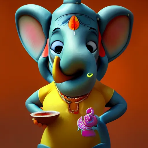 Image similar to ganesh as pixar cartoon character unreal engine, octane render, digital art, trending on artstation, 8 k, detailed, atmospheric, immaculate