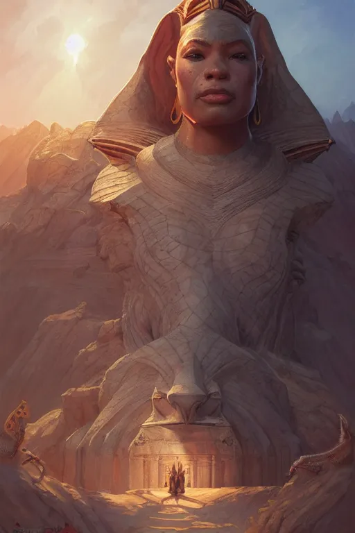 Image similar to legendary sphinx, highly detailed, d & d, fantasy, highly detailed, digital painting, trending on artstation, concept art, sharp focus, illustration, global illumination, ray tracing, realistic shaded, art by artgerm and greg rutkowski and fuji choko and viktoria gavrilenko and hoang lap, sunny