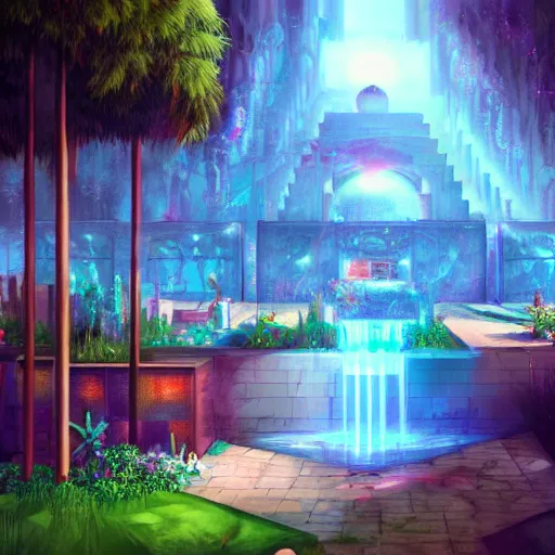 Image similar to babylonian garden, epic retrowave art, trending on art station