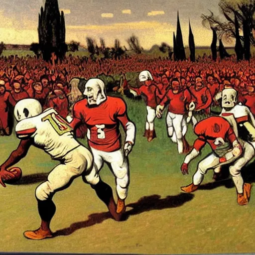 Prompt: painting of arkansas razorbacks playing football at the halloween! party, bubbling cauldron!, candles!, graveyard, gravestones, ghosts, smoke, autumn! colors, elegant, wearing suits!, clothes!, delicate facial features, art by alphonse mucha, vincent van gogh, egon schiele