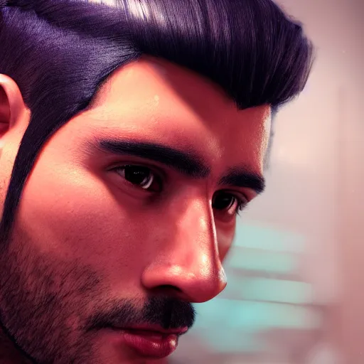 Image similar to portrait art of a very handsome Peruvian man with no facial hair, 8k ultra realistic, lens flare, atmosphere, glow, detailed,intricate, full of colour, cinematic lighting, trending on artstation, 4k, hyperrealistic, focused, extreme details,unreal engine 5, cinematic, masterpiece