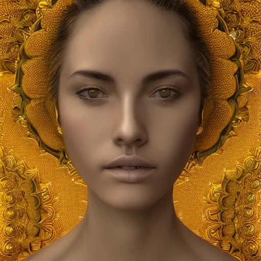 Prompt: beatifull frontal face portrait of a woman, 150 mm, flowers, mandelbrot fractal, symmetric, intricate, golden ratio, full frame, elegant, highly detailed, ornate, ornament, sculpture, elegant , luxury, beautifully lit, ray trace, octane render in the style of peter Gric , alex grey and Romero Ressendi