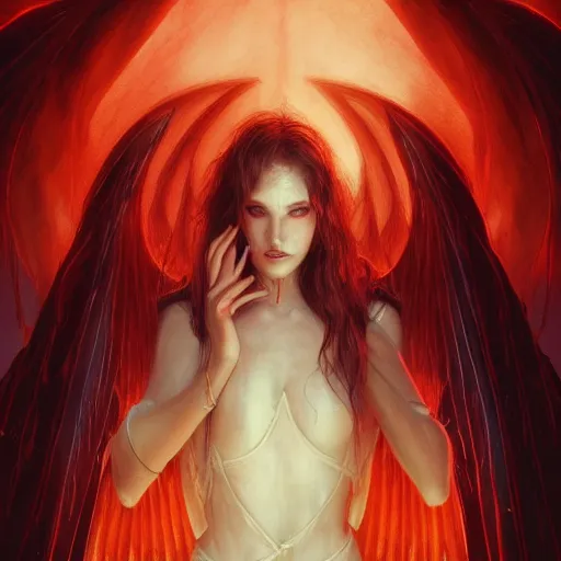 Image similar to young vampire princess with burning wings 4 k high definition gorgeous dramatic lighting artstation trending path traced contrast light and dark cinematic breathtaking by john howe